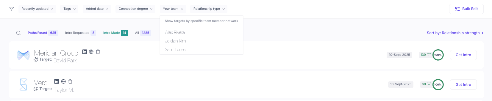 Filter the team pipeline by a specific teammate's network to see which targets each person can reach.