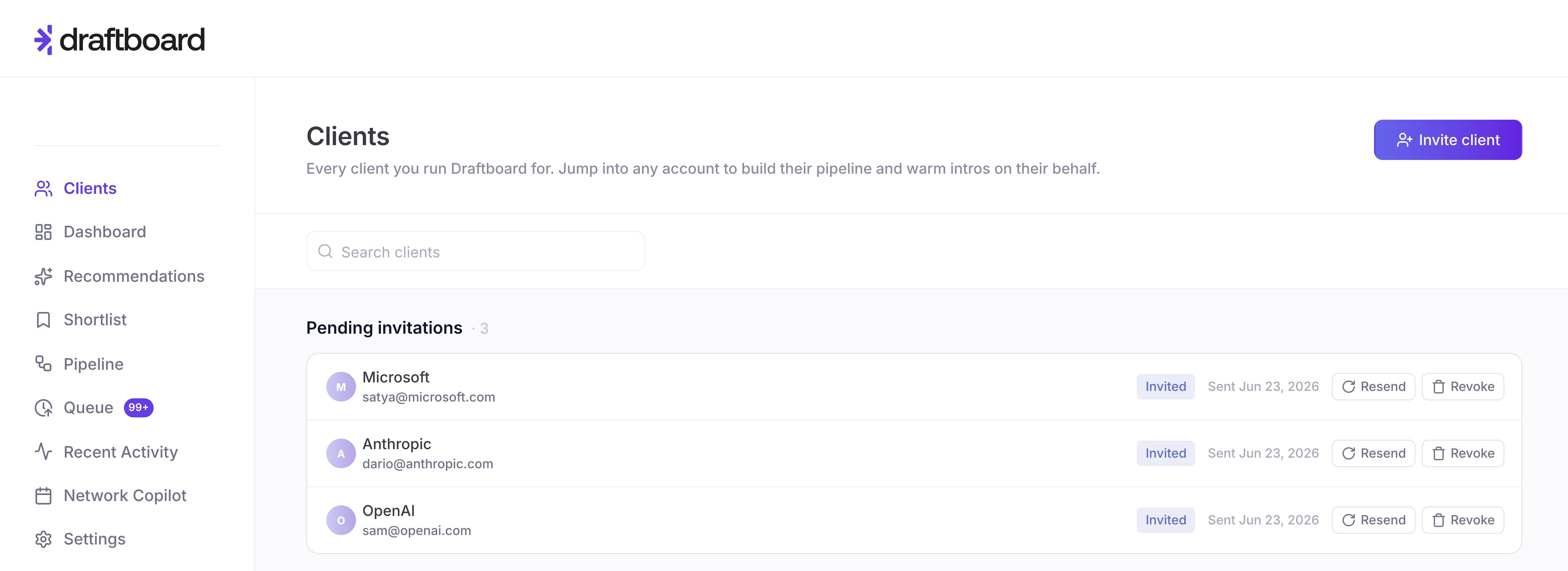 The Draftboard agency console - every client you run Draftboard for, in one place